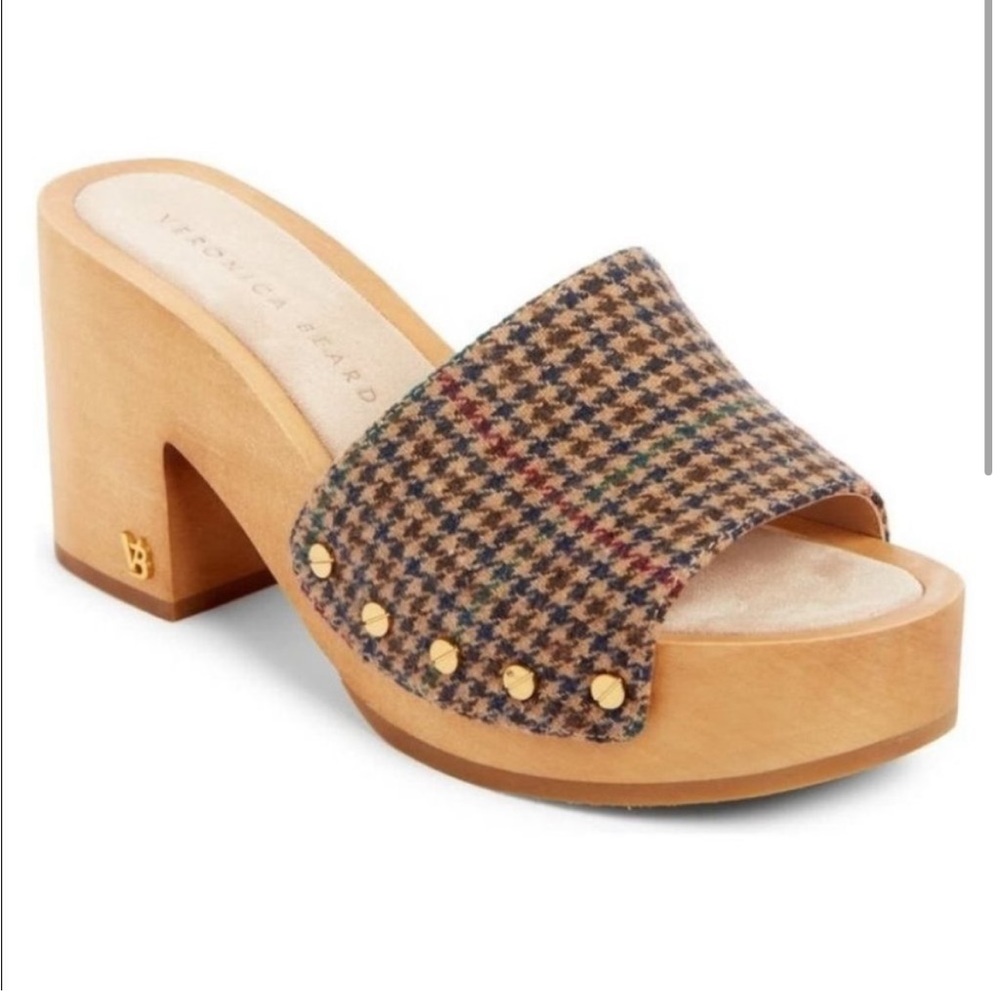 Veronica Beard Hannalee Hazelwood Houndstooth Platform Wood Clog Heel Sandal